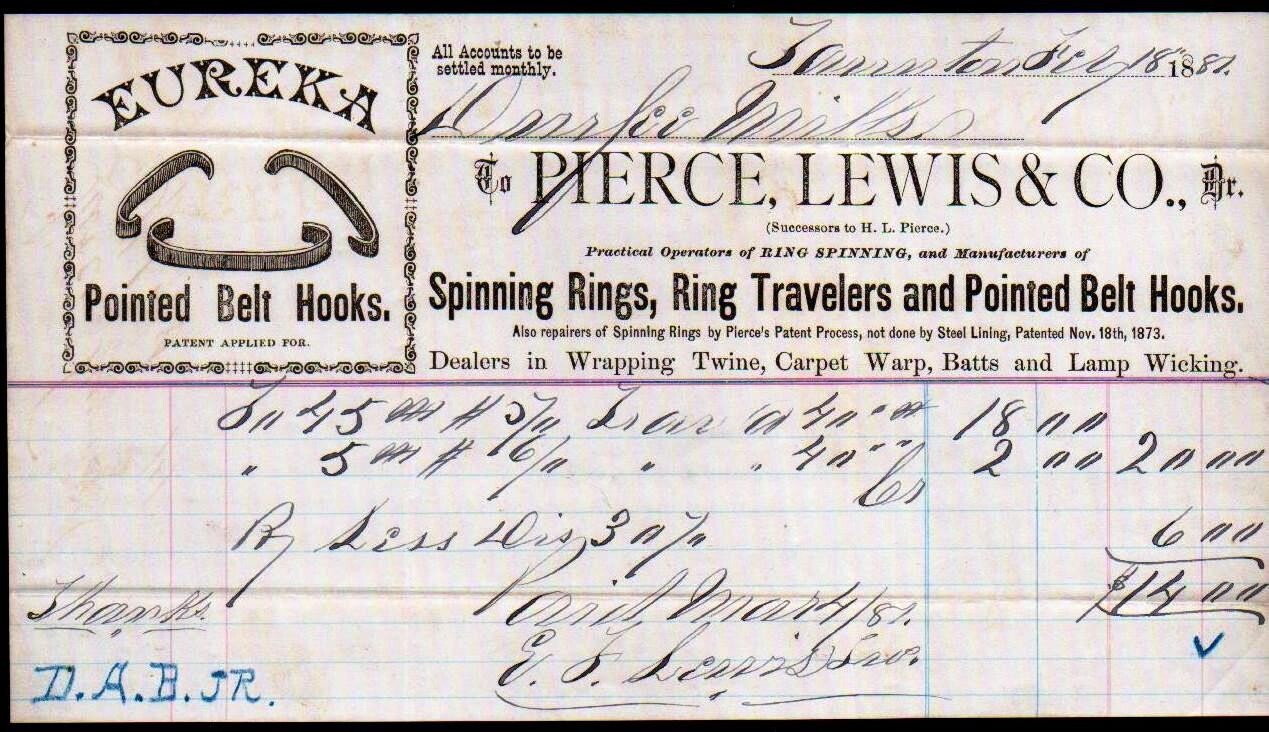 1887 Pierce Lewis & Co - Eureka Belt Hooks - History Rare Letter Head Bill 1887 Pierce Lewis & Co - Eureka Belt Hooks - History Rare Letter Head Bill