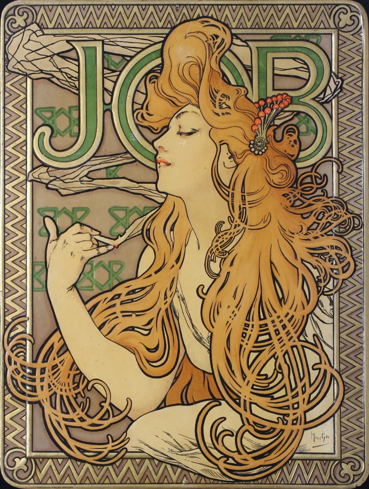 MUCHA JOB Cigarette Paper - RARE Embossed Lithographed Advertising Cardboard MUCHA JOB Cigarette Paper - RARE Embossed Lithographed Advertising Cardboard