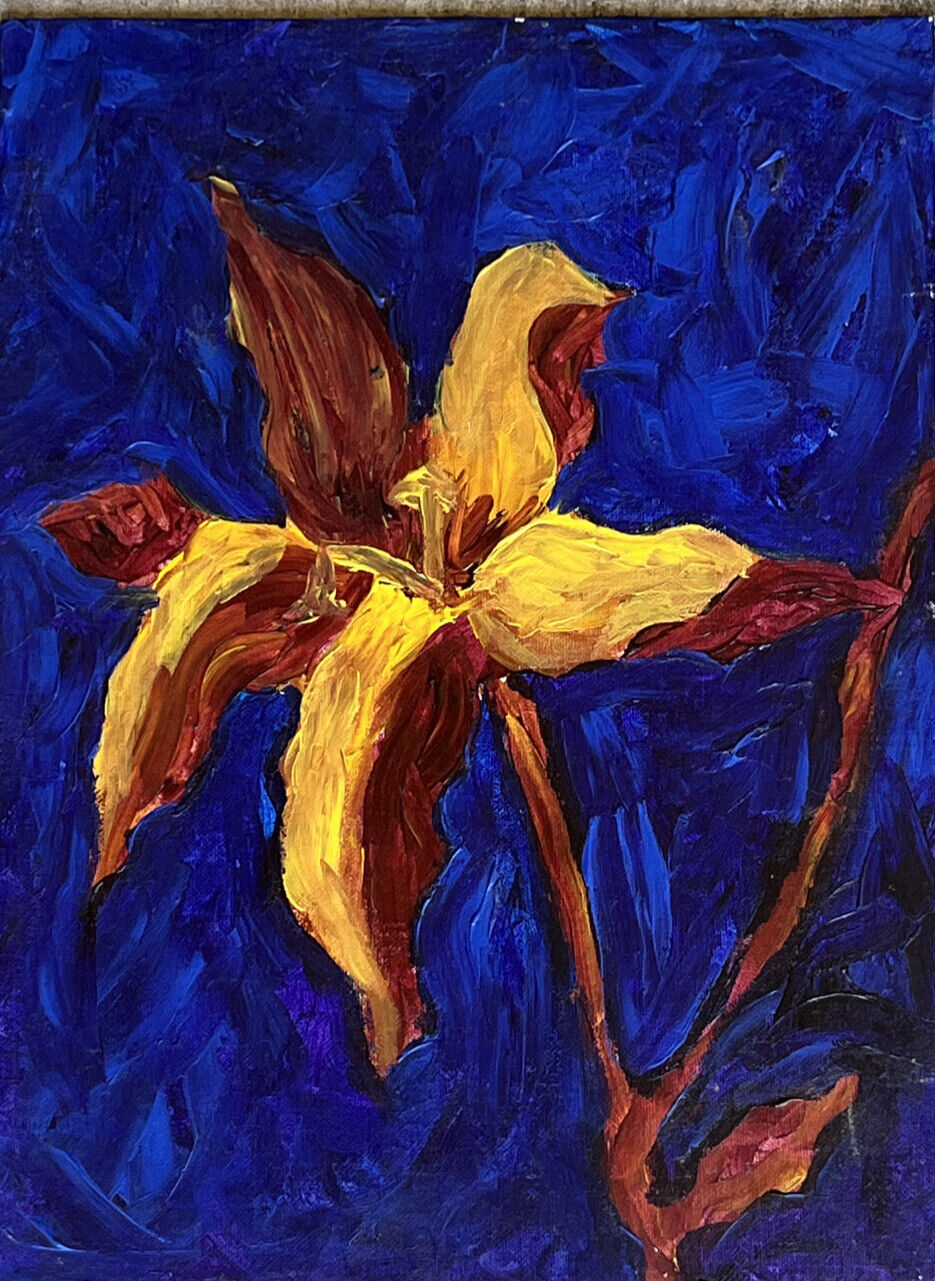 Art  Painting Original Acrylic  “ Golden Red  Flower” Color  Play On Light