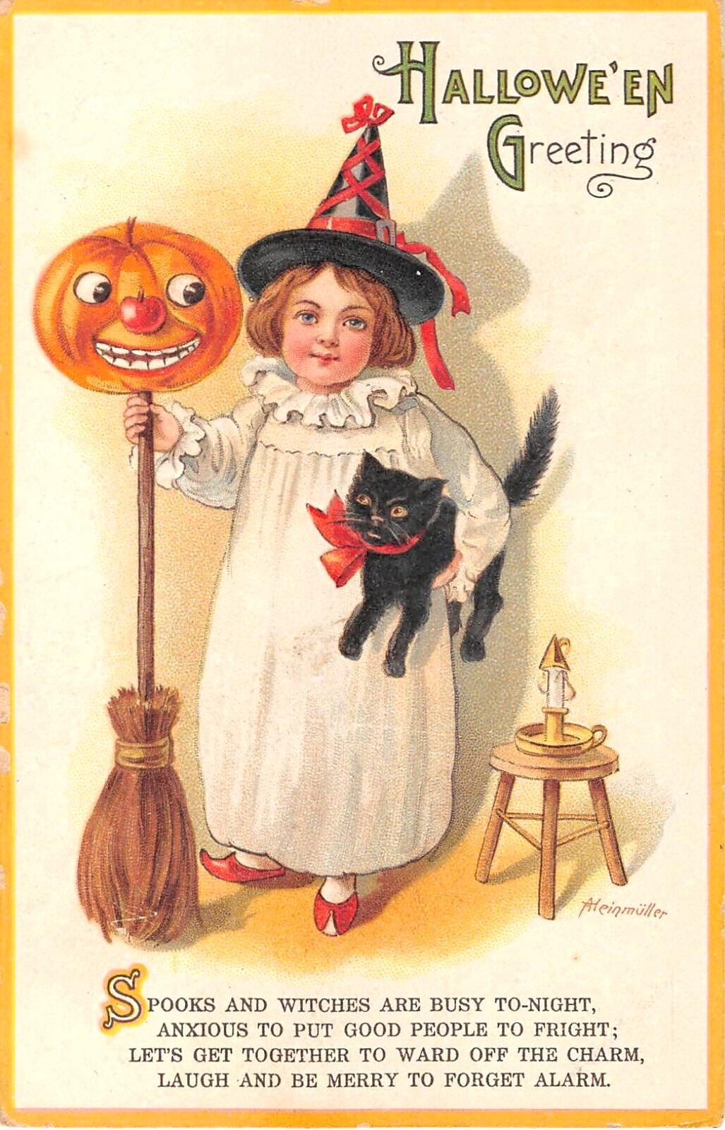 c.1910 sgd A Heinmuller Girl with Black Cat & Jack O' Lantern Halloween postcard