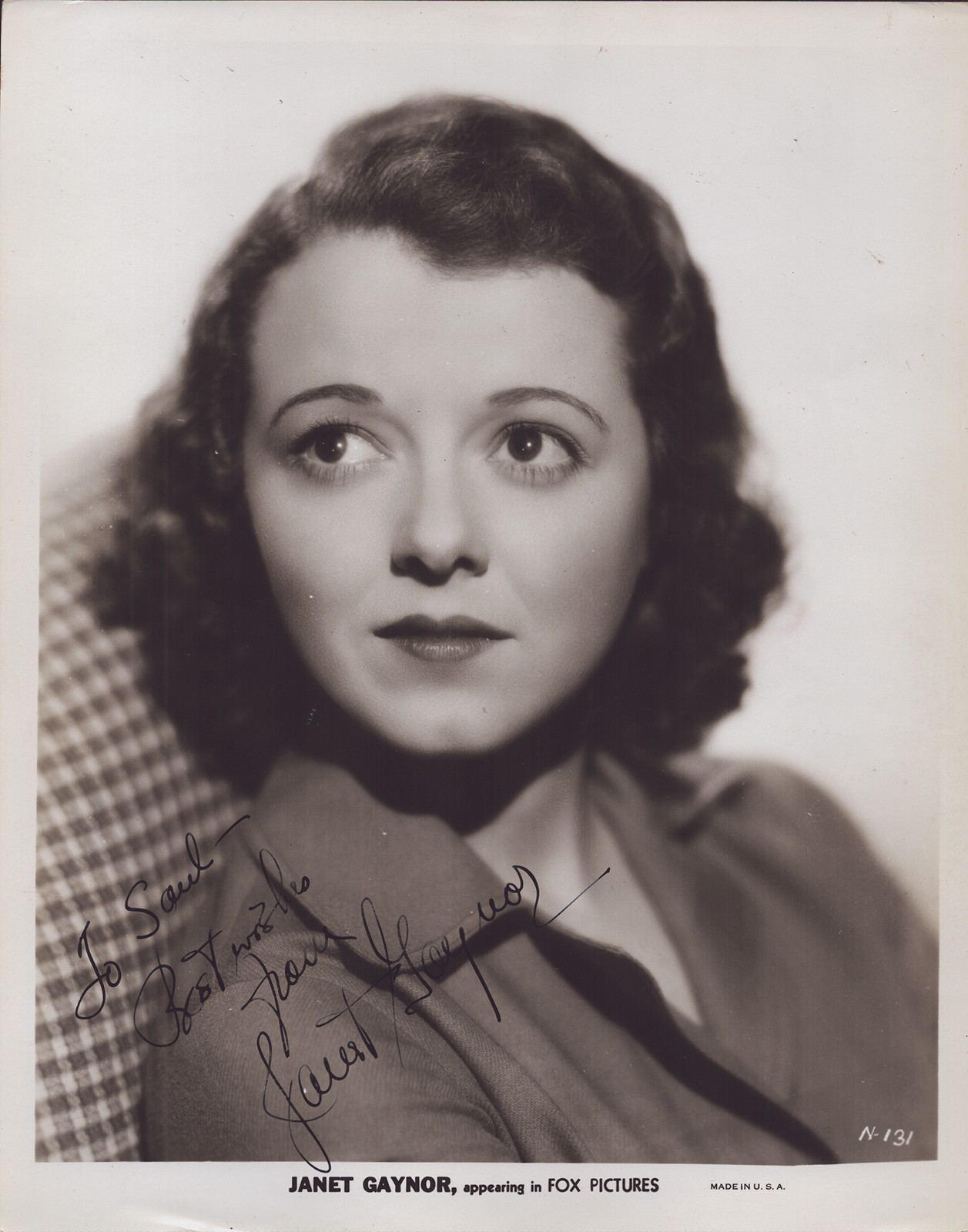JANET GAYNOR - AUTOGRAPHED INSCRIBED PHOTOGRAPH CIRCA 1935 JANET GAYNOR - AUTOGRAPHED INSCRIBED PHOTOGRAPH CIRCA 1935