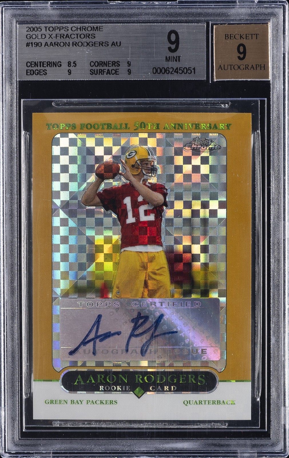 2005 TOPPS CHROME GOLD X-FRACTORS,  AU #190 AARON RODGERS BGS 9