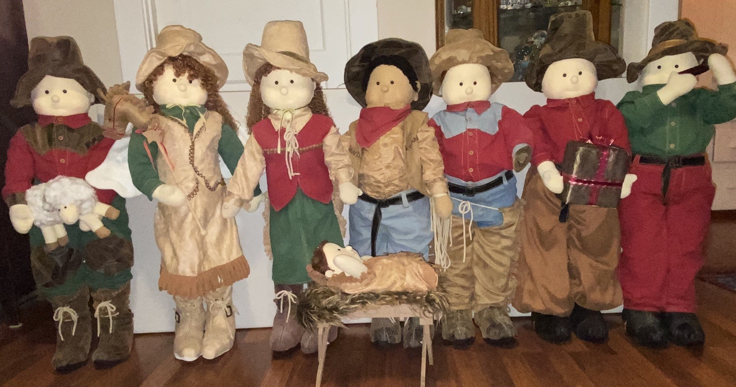 Vtg 3 ft Tall Cowboy Nativity plush RARE Christmas Mitchell Import TJ Collection
