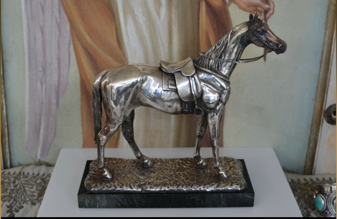 RARE Original C 1900 - 900 SILVER Man O War Horse Sculpture/Figurine on Marble RARE Original C 1900 - 900 SILVER Man O War Horse Sculpture/Figurine on Marble