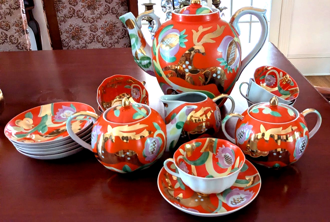 Vintage Dulevo U.S.S.R. PORCELAIN GILT & ORANGE Deer Pattern Tea Set for 6, New Vintage Dulevo U.S.S.R. PORCELAIN GILT & ORANGE Deer Pattern Tea Set for 6, New