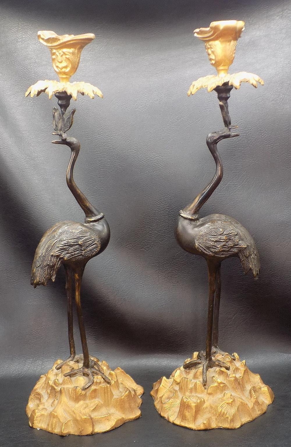 Fabulous pair of vintage bronze stork candle holders
