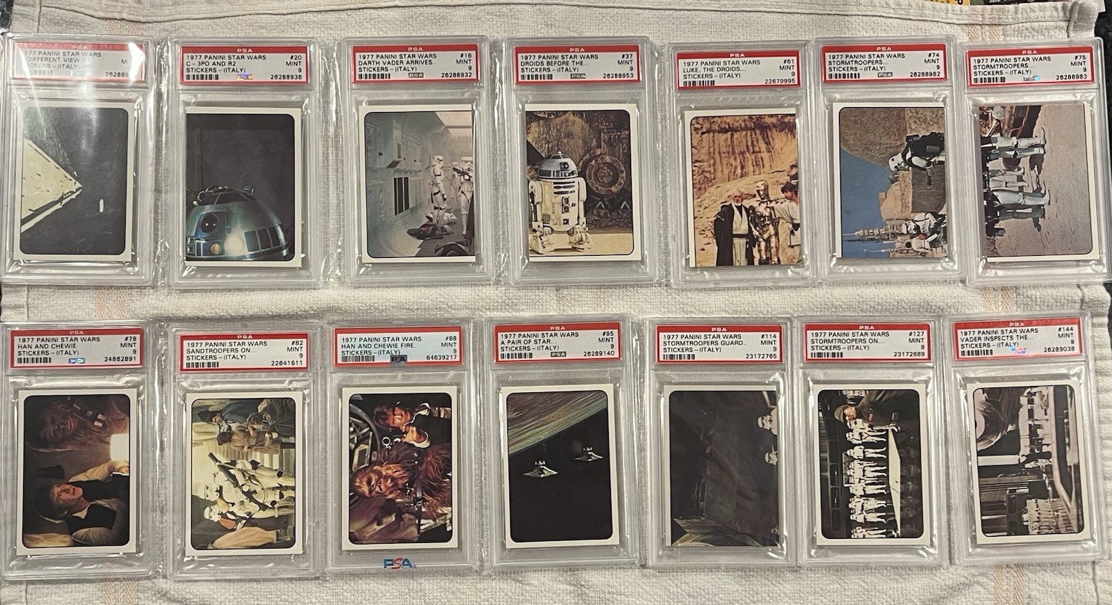 1977 Panini Star Wars High Grade PSA 68 Stickers 32 PSA 9, 30 PSA 8, 1 8.5, 5 7s 1977 Panini Star Wars High Grade PSA 68 Stickers 32 PSA 9, 30 PSA 8, 1 8.5, 5 7s