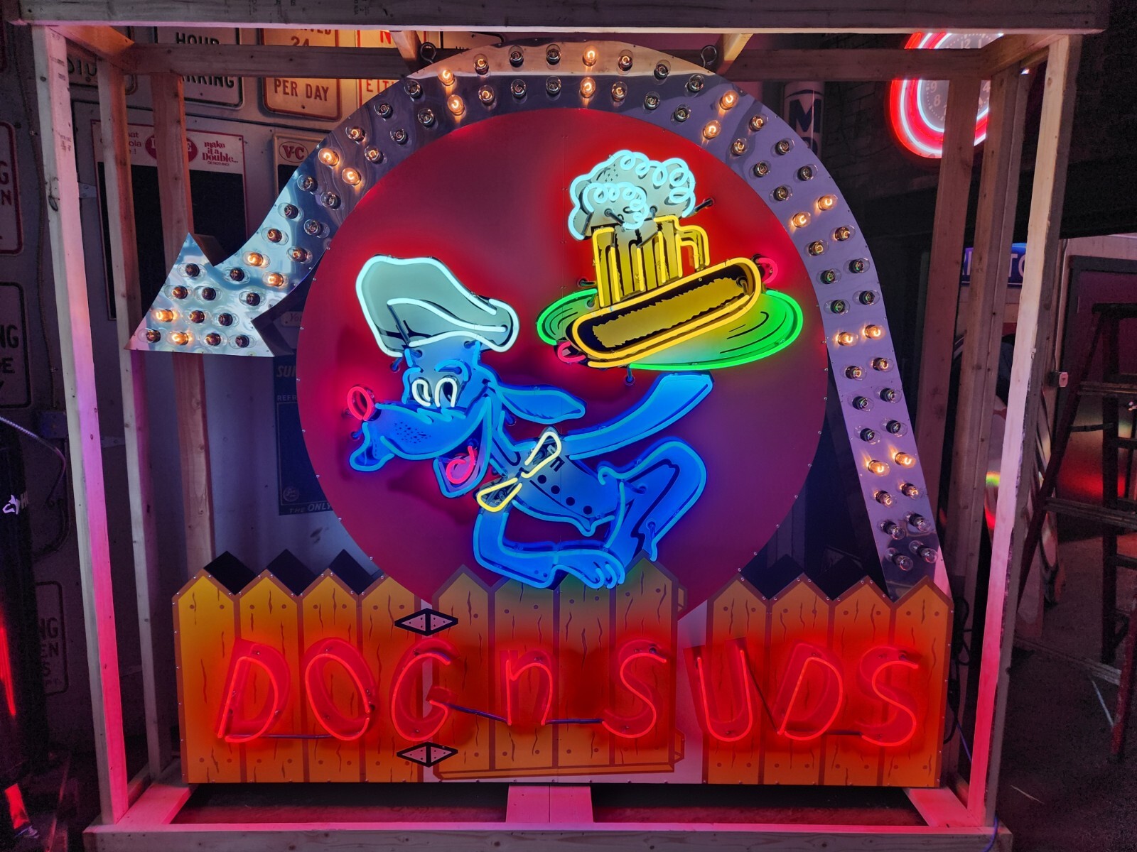 New Dog n' Suds Painted Neon Sign w/ Chaser Lights 106 IN W x 96 IN H