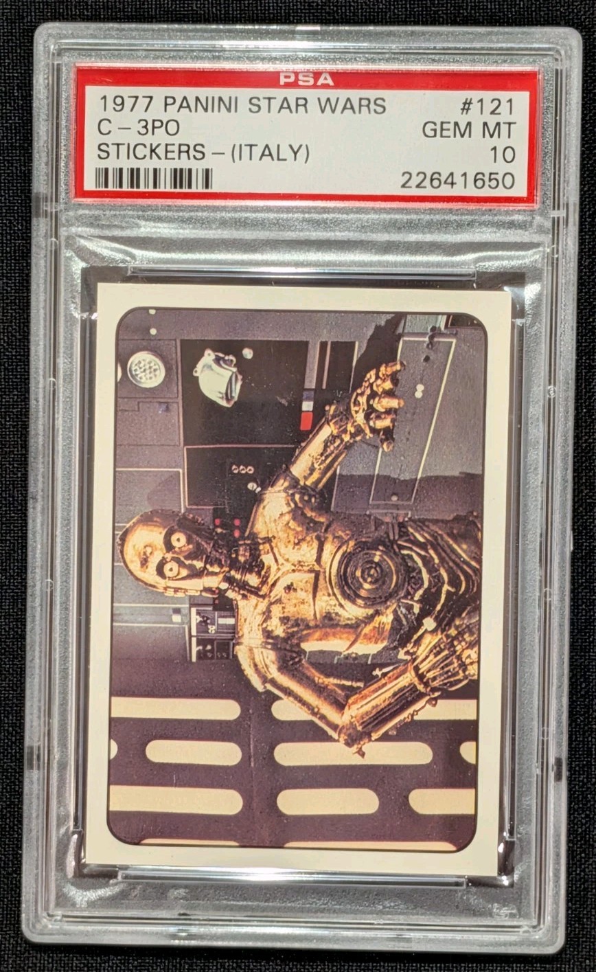1977 Panini Star Wars C-3PO Sticker PSA 10 GEM MINT (Italy) #121 Pop-3 ONLY 1977 Panini Star Wars C-3PO Sticker PSA 10 GEM MINT (Italy) #121 Pop-3 ONLY