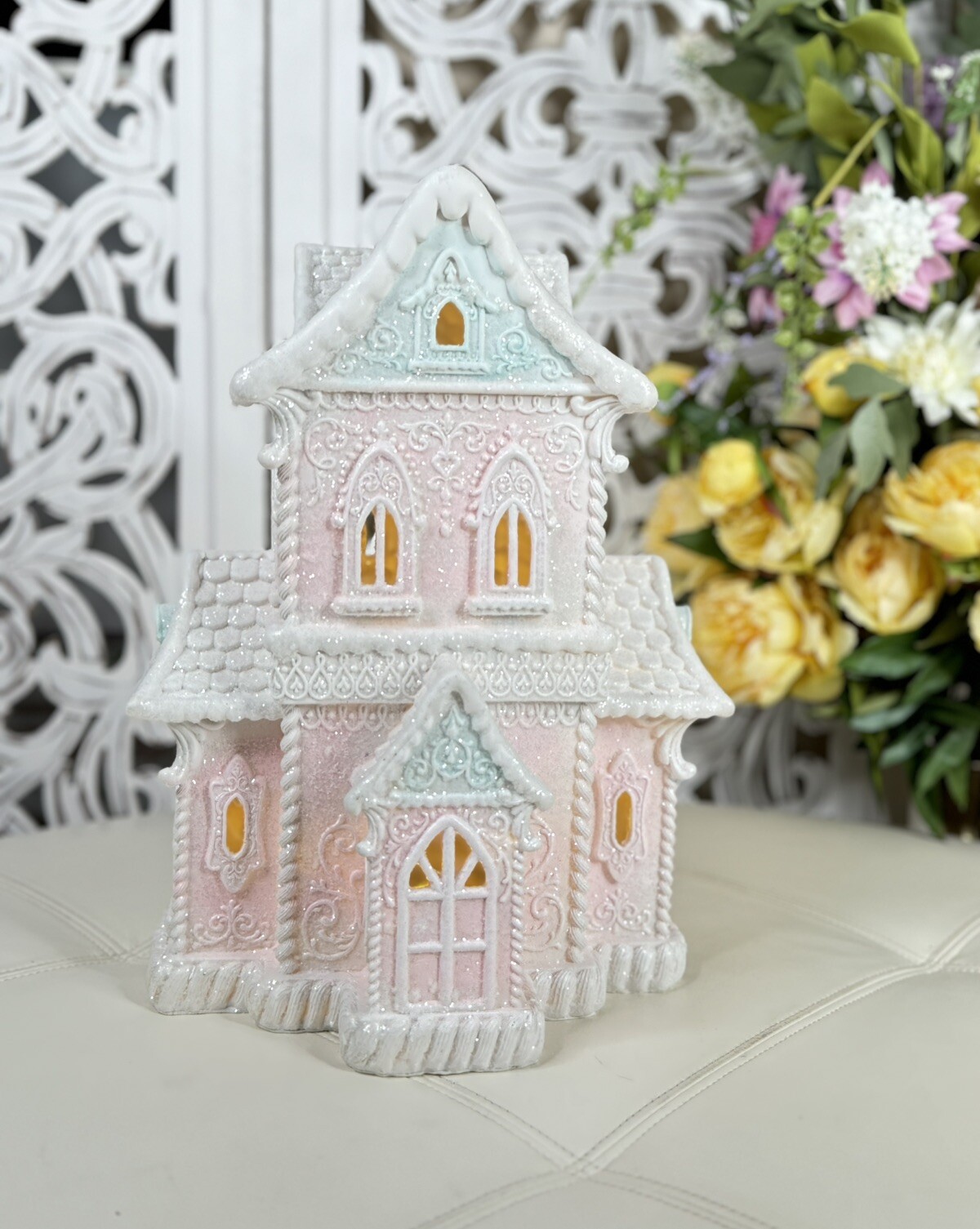 Christmas LED 14”Gingerbread Victorian House W/Beautiful Lace Swirls Frosted NEW