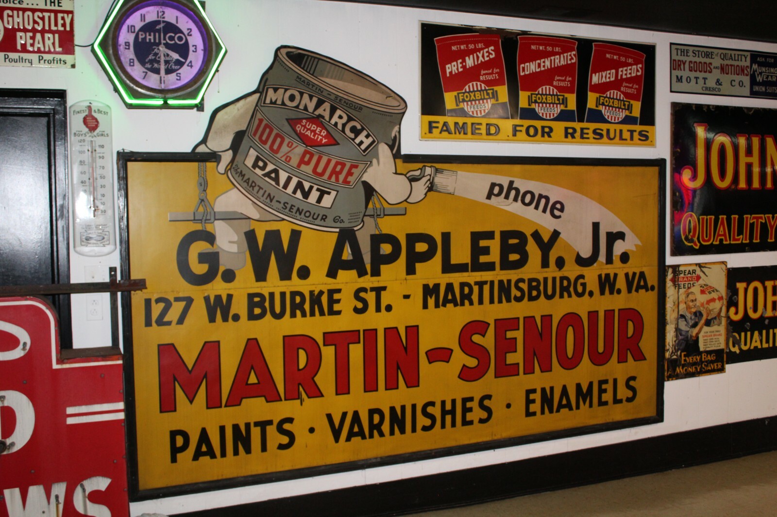 10' SCARCE 1920s MONARCH MARTIN-SENOUR PAINT TIN WOOD FRAME GENERAL STORE SIGN 
