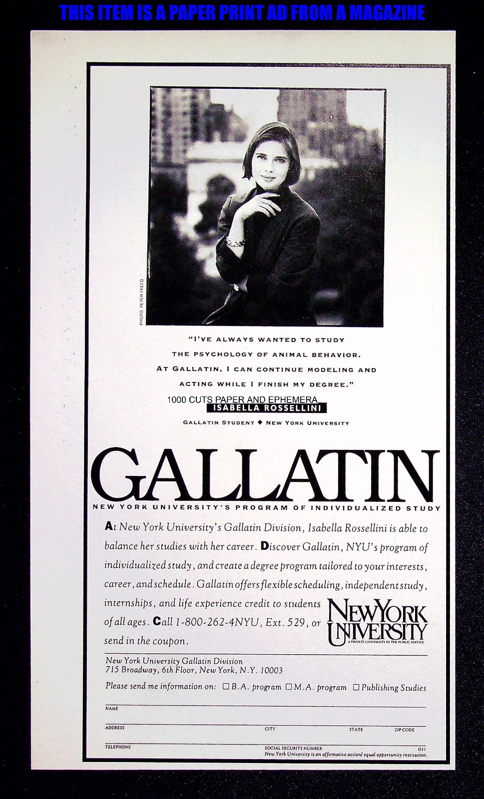 Gallatin New York University 1991 Trade Print Magazine Ad Poster ADVERT Gallatin New York University 1991 Trade Print Magazine Ad Poster ADVERT