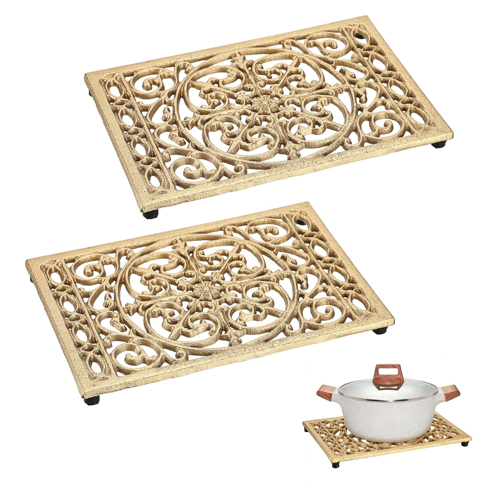 Sumnacon Cast Iron Trivet 2Pcs Heat Resistant Trivets 9.6 x 6.3 Inch, Gold Sumnacon Cast Iron Trivet 2Pcs Heat Resistant Trivets 9.6 x 6.3 Inch, Gold