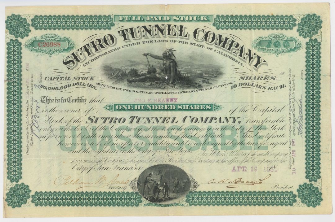 Sutro Tunnel Co. - 1880's dated Stock Certificate - Available in Green, Red or Sutro Tunnel Co. - 1880's dated Stock Certificate - Available in Green, Red or