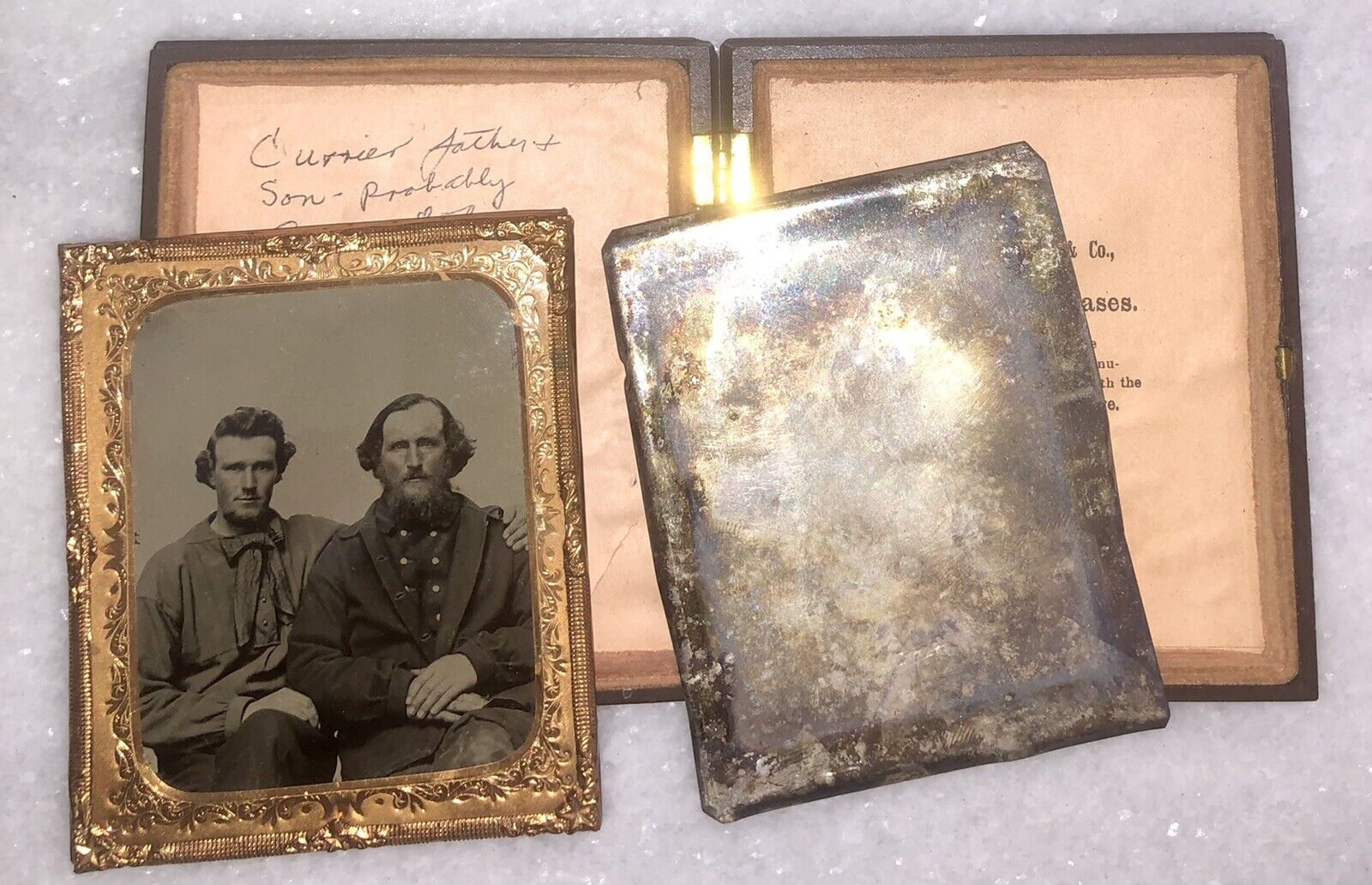 1860s Tintype & Dag ID'd Father Son Maine Photographer Card Civil War Sailors? 