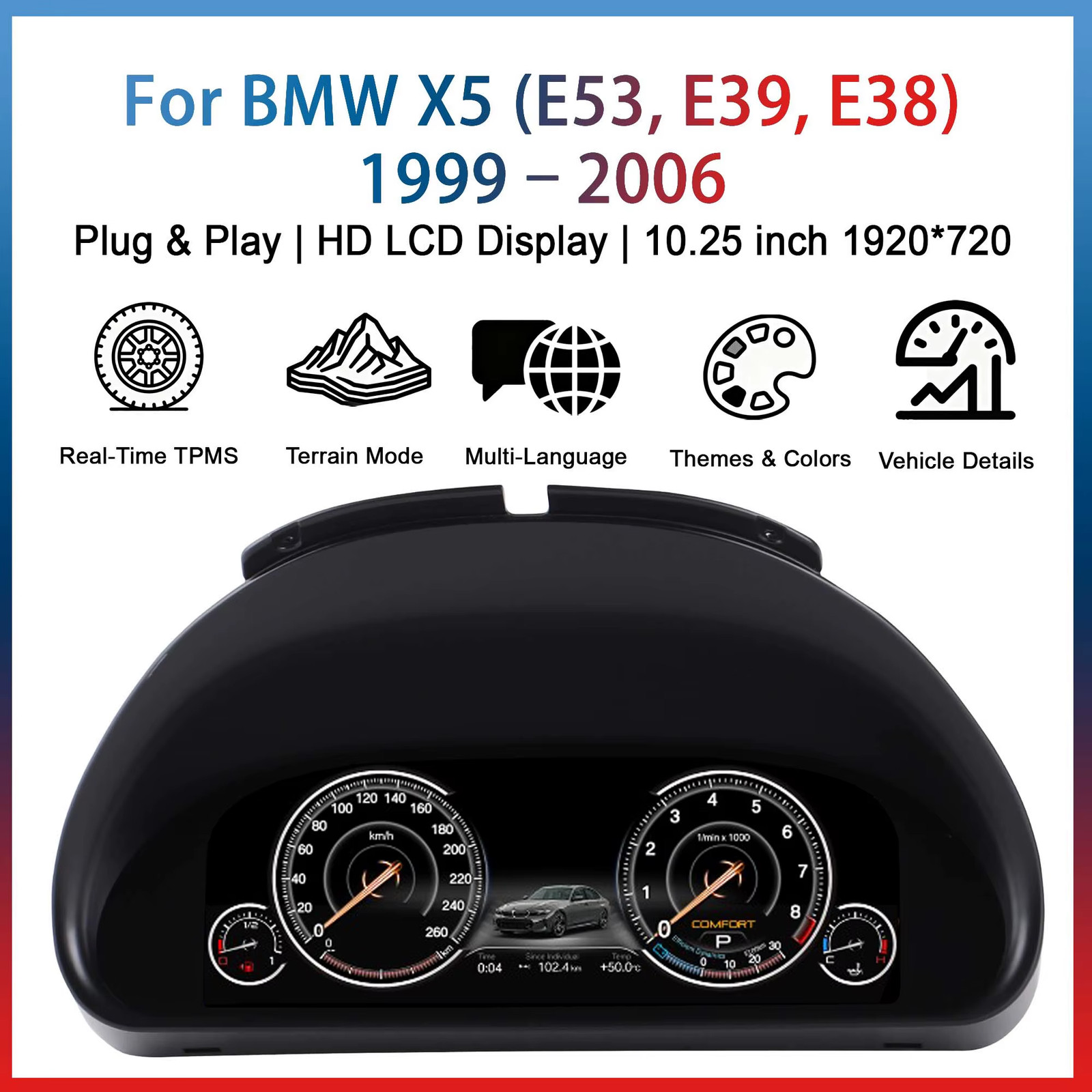 Digital instrument cluster for BMW X5 E53,E39,E38 1999-2006 Wireless CarPlay Odo