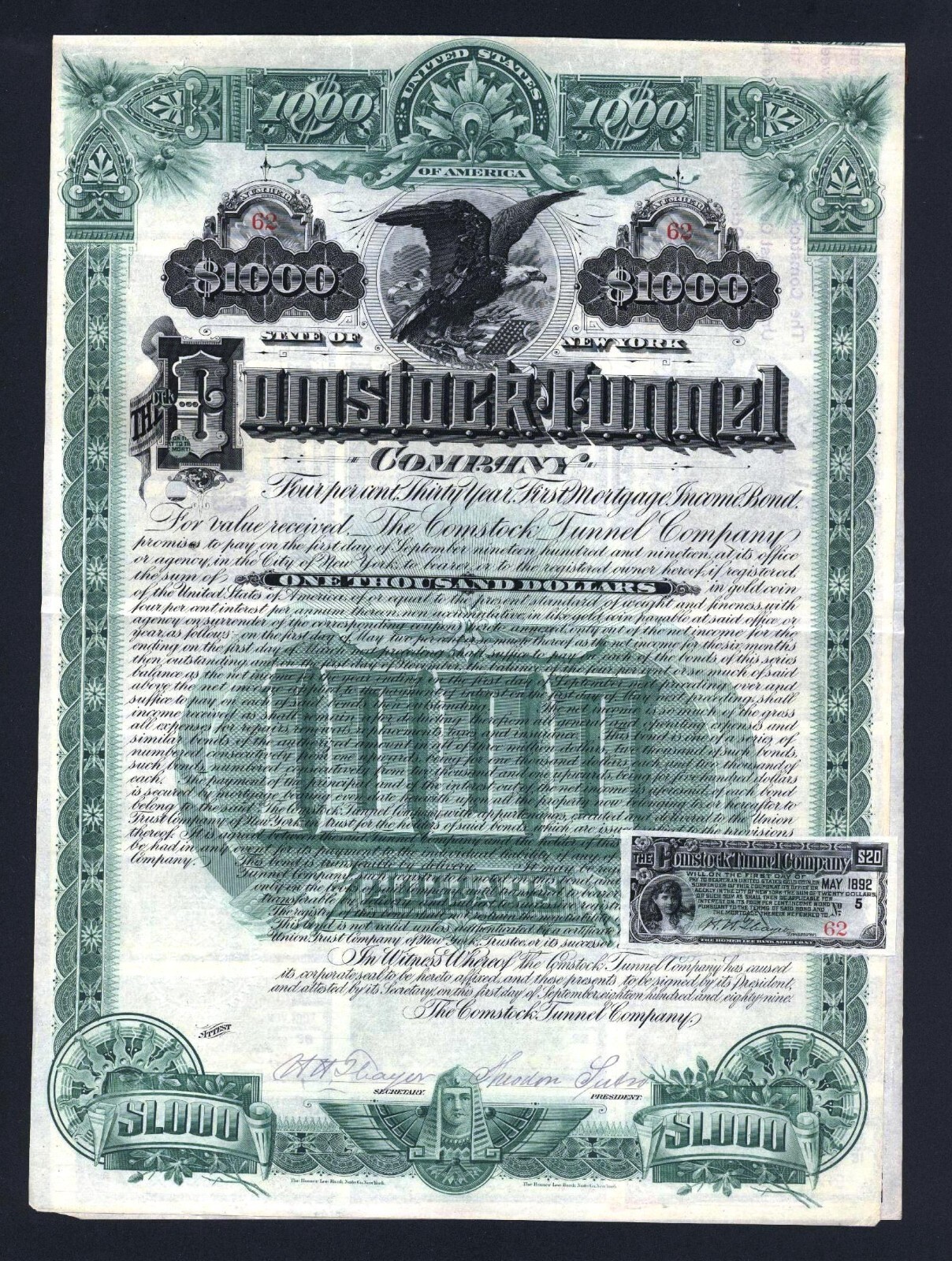 1889 Sutro Comstock Tunnel - Signed by Theodore Sutro - Bond - Stock Certificate