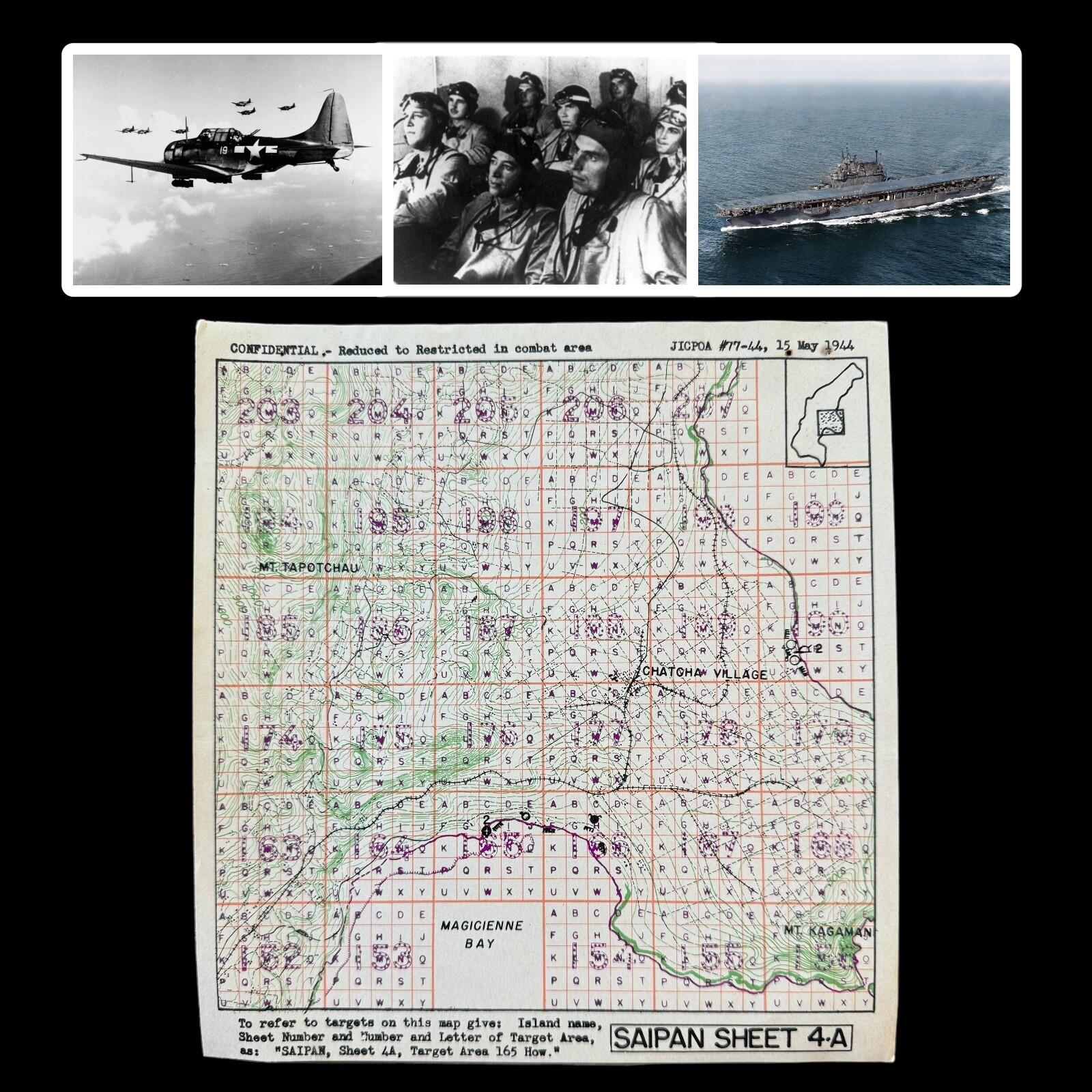 RARE WWII D-Day Saipan Lt. Moore USS Enterprise Hill 600 & Magicienne Bay Map RARE WWII D-Day Saipan Lt. Moore USS Enterprise Hill 600 & Magicienne Bay Map