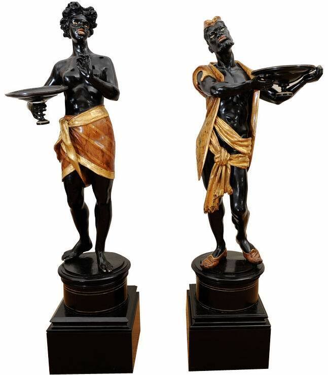 Antique Early 20th c. Pair of Exceptional 5' carved wood Venetian Blackamoors