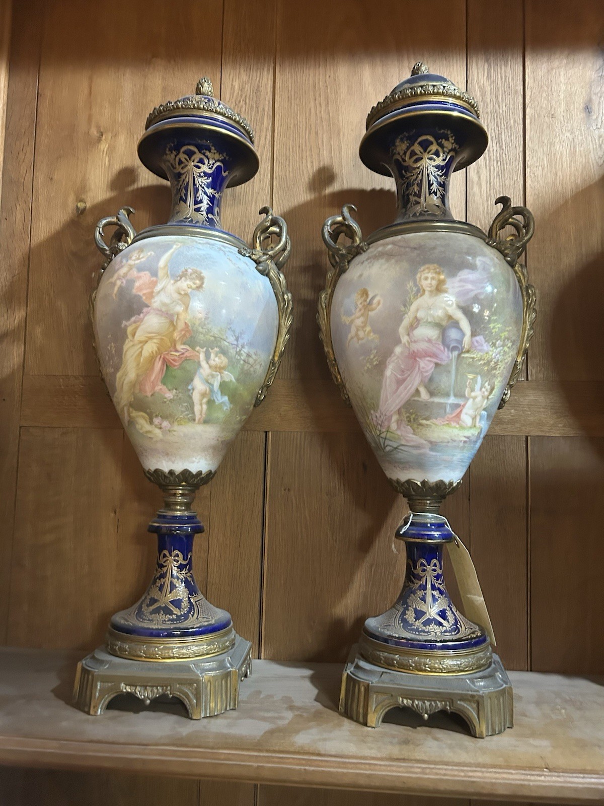 Pair Antique LargeFrench Sevres Porcelain Urns, Hand Painted,  1880 ,museum