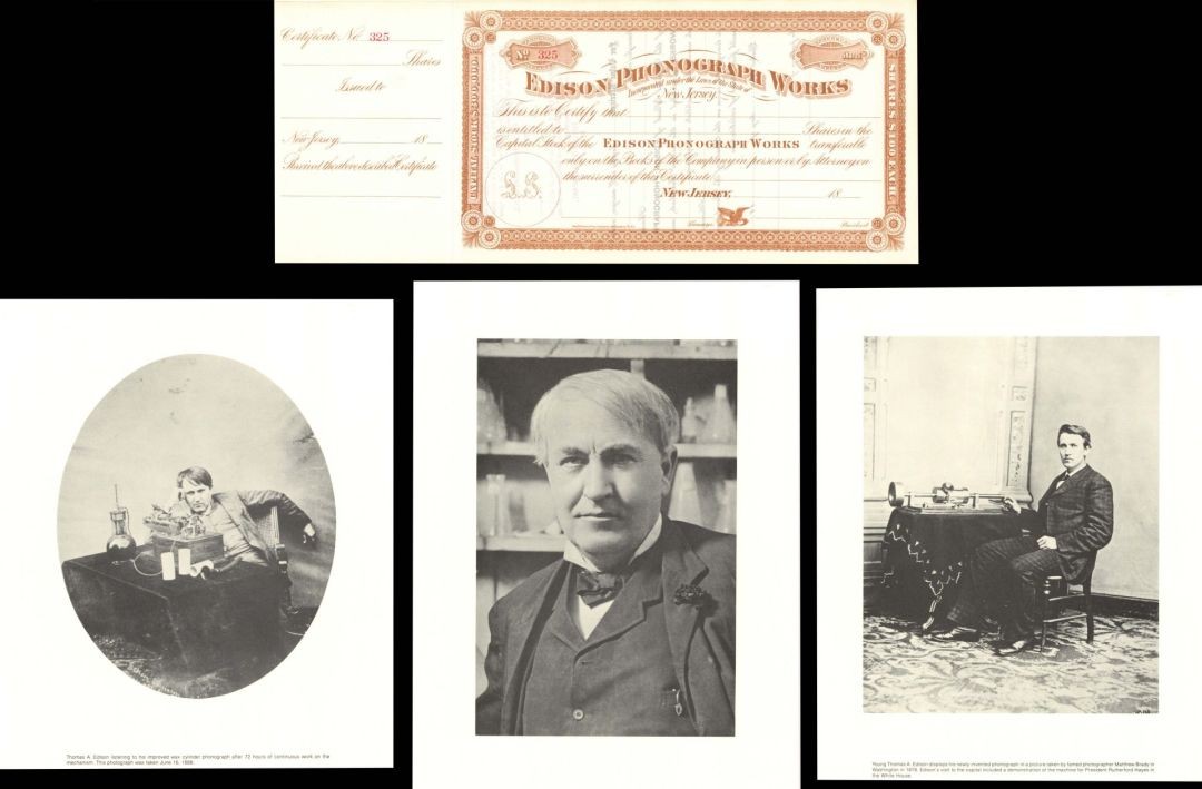 Edison Phonograph Works plus 3 Portraits - 1880's dated Unissued Stock Certifi