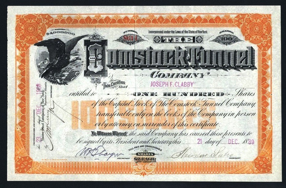 1889 Comstock Tunnel - Signed by Theodore Sutro - EX RARE  Stock Certificate