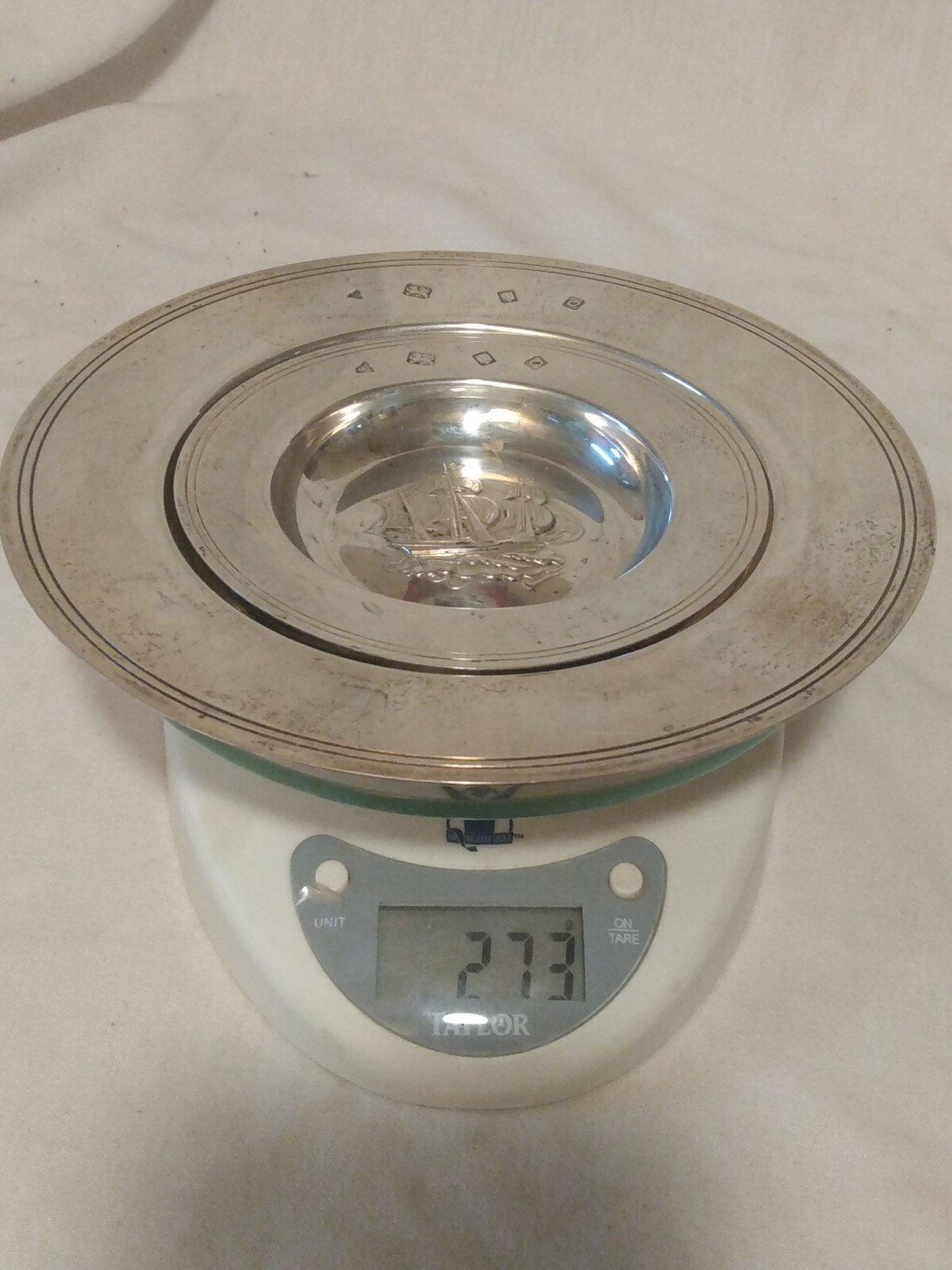 Vintage Garrard Set Solid Silver Armada Dish Central Sailing Ship 273 gm. Vintage Garrard Set Solid Silver Armada Dish Central Sailing Ship 273 gm.