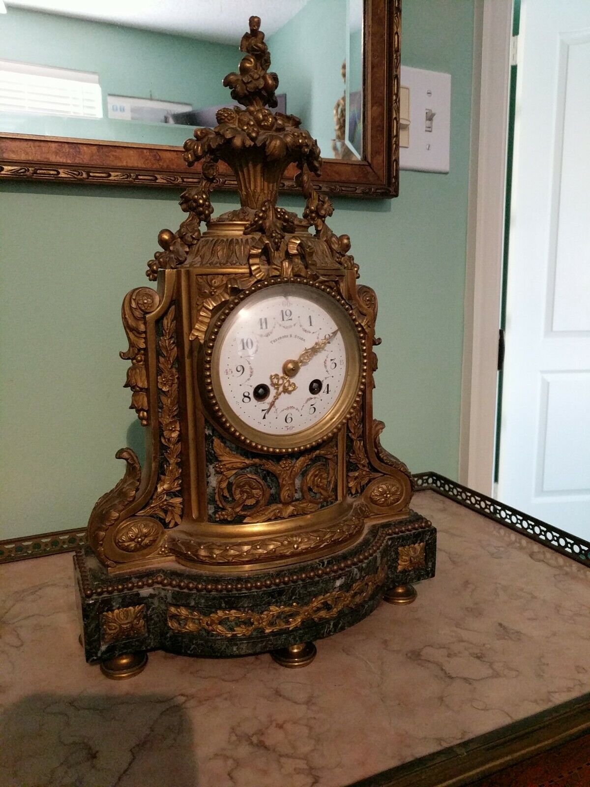 Excellent Quality Bronze Mounted Marble Clock By Theodore B Starr