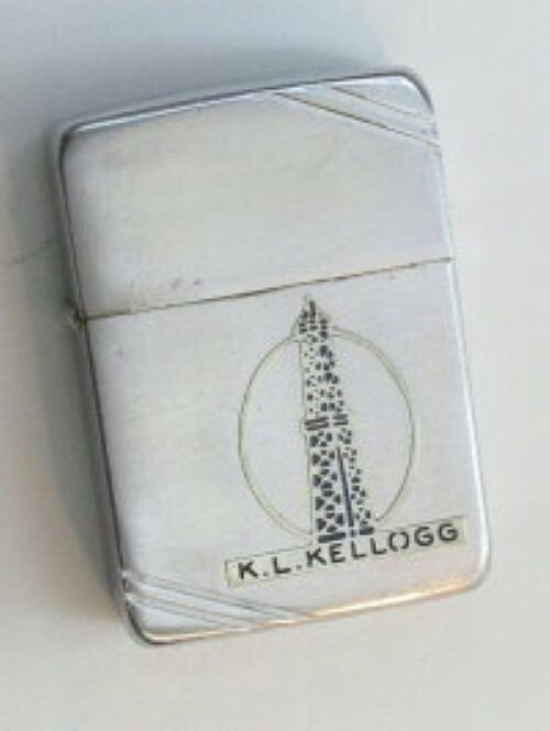 Vintage Zippo KL Kellogg 4-Barrel Brass Case Metal Plate Lighter