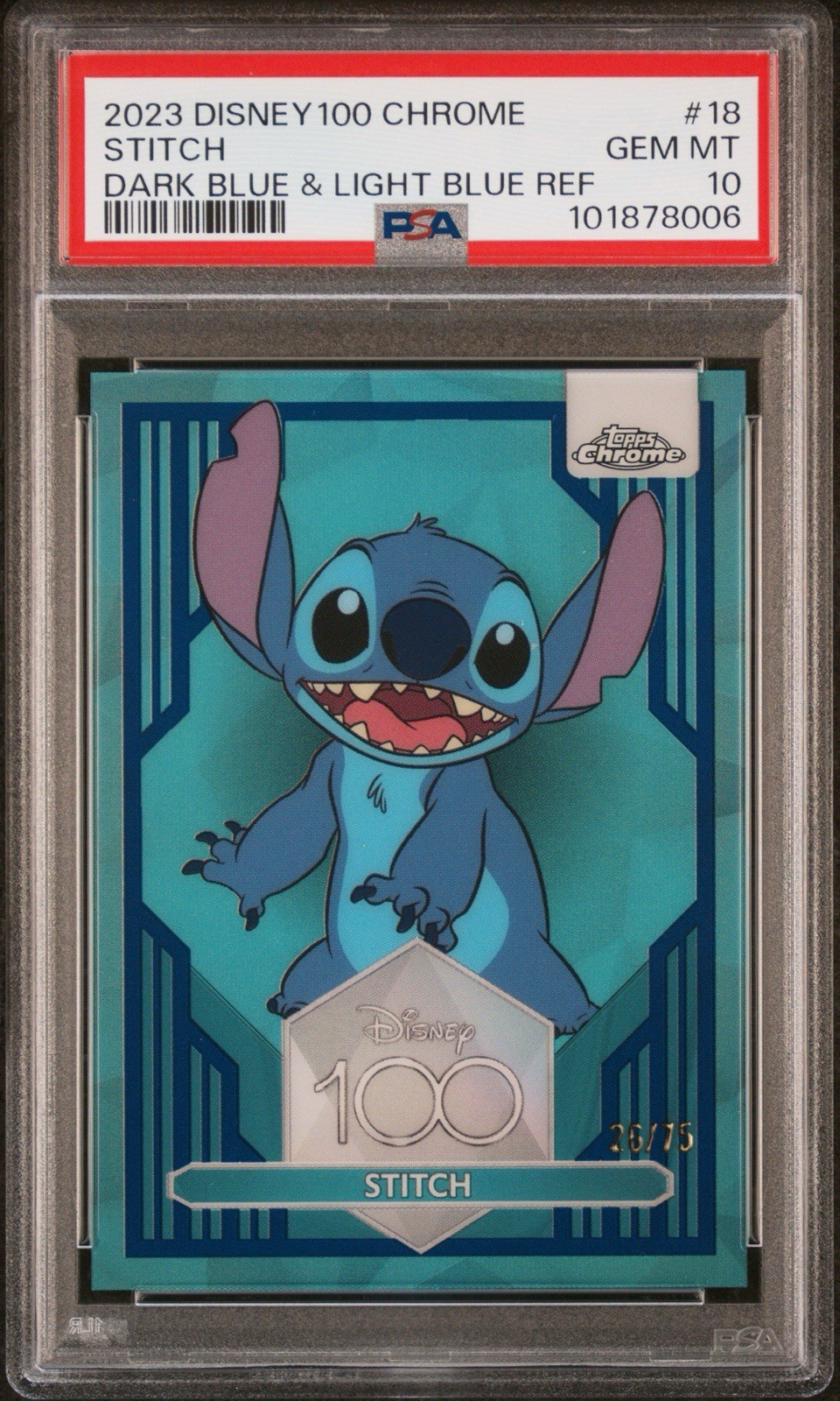 2023 Topps Chrome Disney 100 #18 Stitch PSA 10 - Dark Blue & Light Blue /75 2023 Topps Chrome Disney 100 #18 Stitch PSA 10 - Dark Blue & Light Blue /75