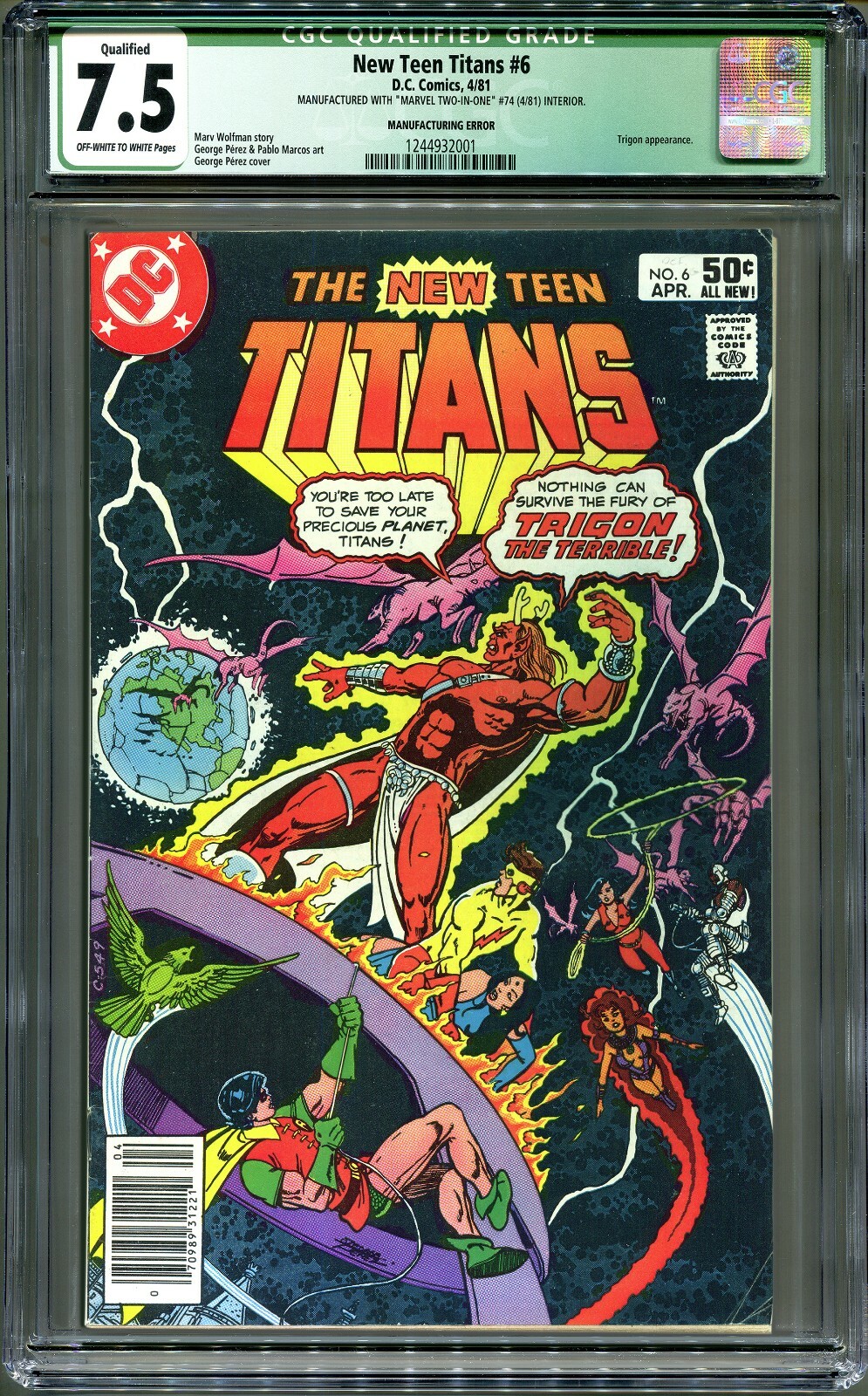 Mega Rare Error Comic, DC Teen Titans #6, Marvel Two-In-One #74 Inside CGC 7.5 Mega Rare Error Comic, DC Teen Titans #6, Marvel Two-In-One #74 Inside CGC 7.5
