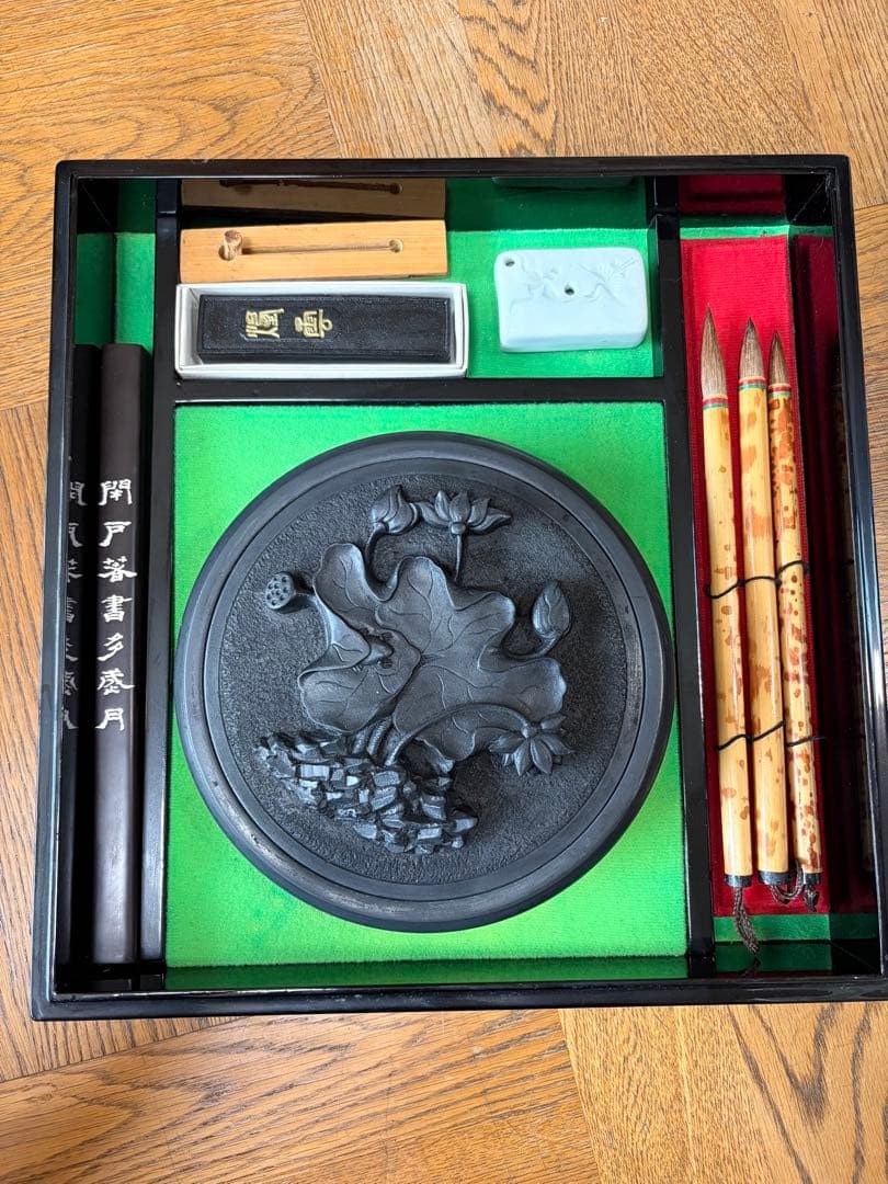 Calligraphy Tools Set with Brush Inkstone Paperweight Rare Lotus Design Used