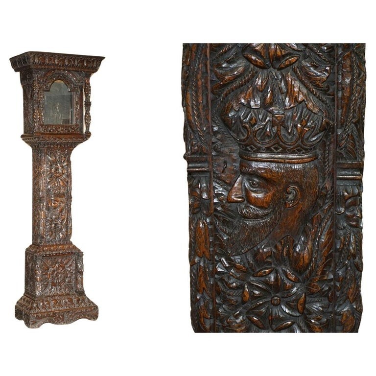 EXQUISITE ANTIQUE RESTORED HAND CARVED GRANDFATHER CLOCK CASE DEPICTING A KING EXQUISITE ANTIQUE RESTORED HAND CARVED GRANDFATHER CLOCK CASE DEPICTING A KING