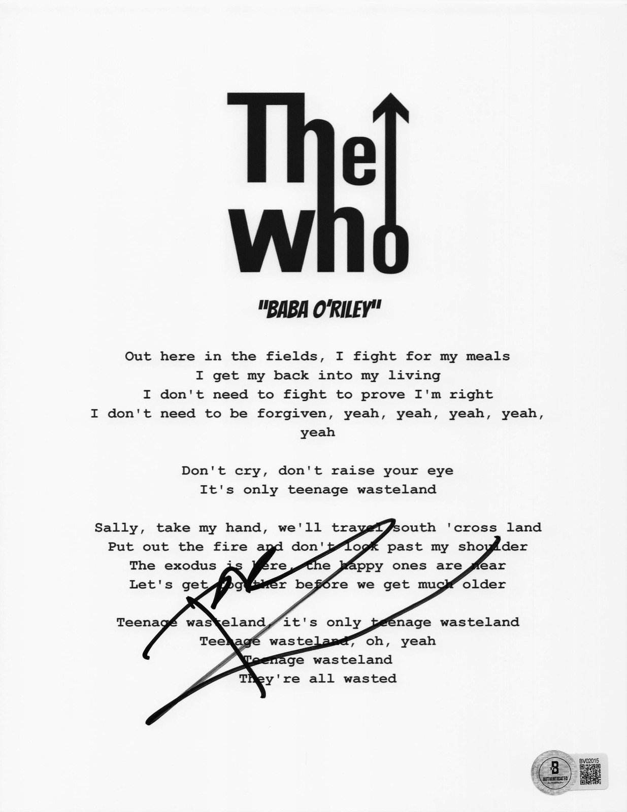 PETE TOWNSHEND SIGNED AUTO THE WHO BABA O'RILEY LYRIC MUSIC SHEET BECKETT BAS PETE TOWNSHEND SIGNED AUTO THE WHO BABA O'RILEY LYRIC MUSIC SHEET BECKETT BAS