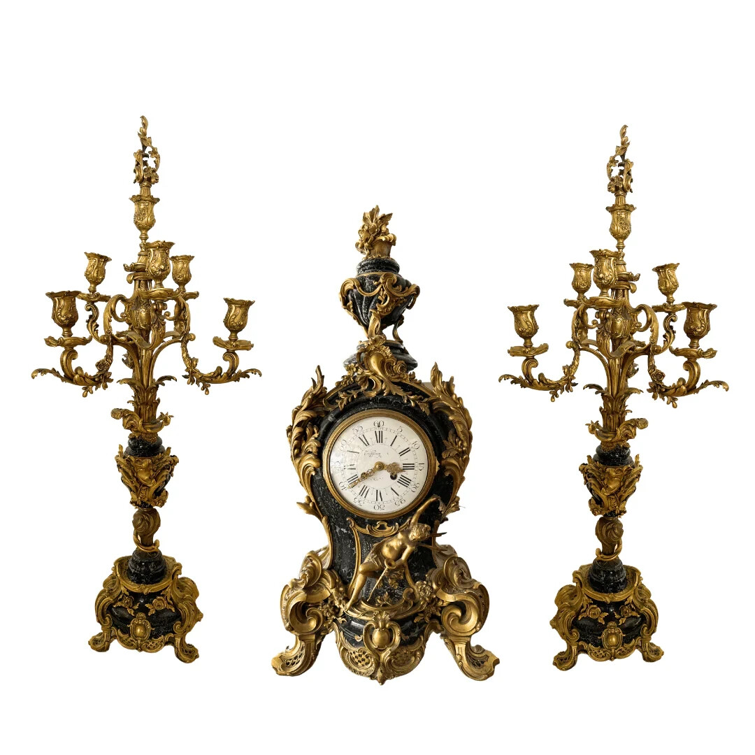 Exquisite 19th-Century Tiffany & Co. Bronze and Gilt Clock with Ornate Candelabr