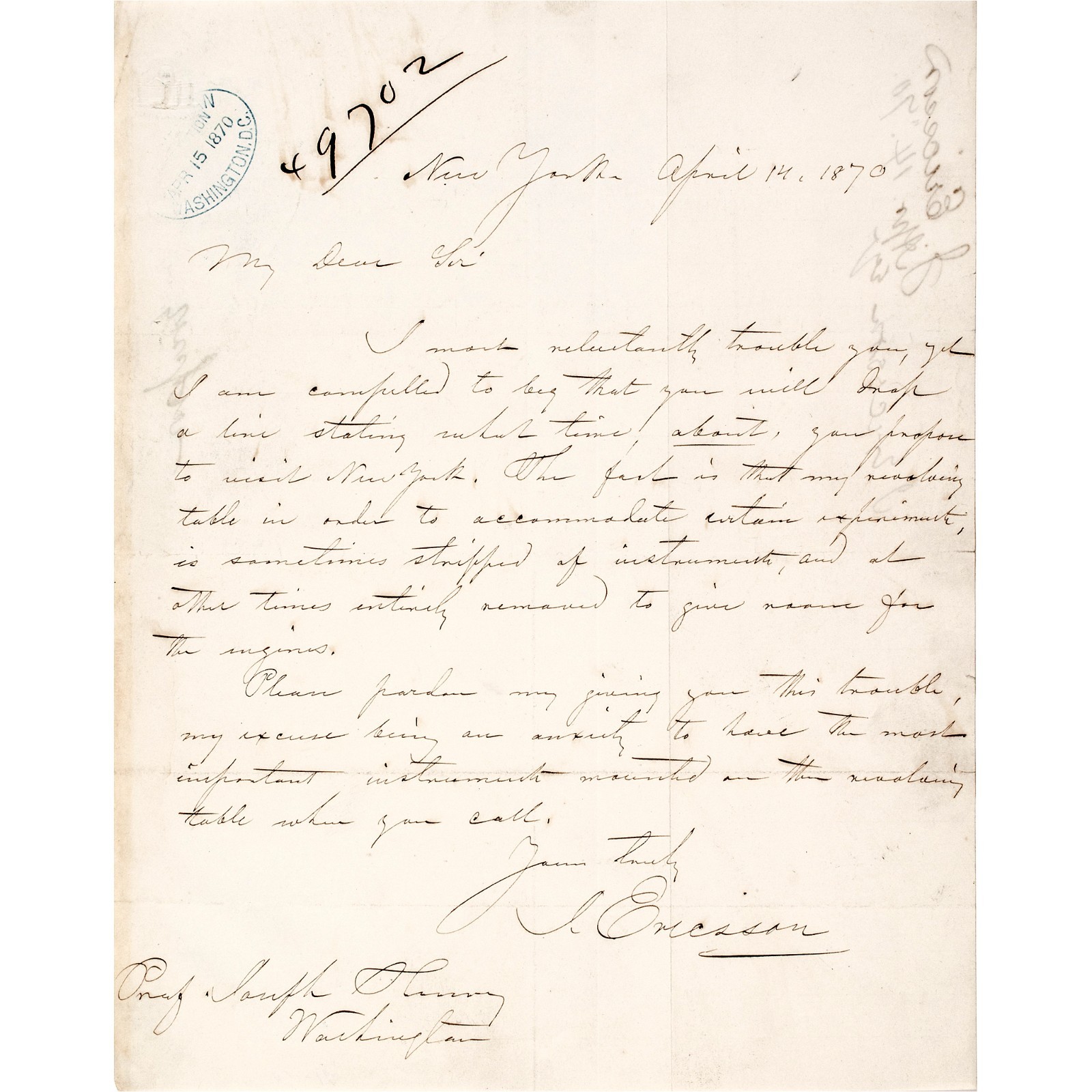 1870 John Ericsson U.S.S. Monitor Builder Autograph Letter Signed 1870 John Ericsson U.S.S. Monitor Builder Autograph Letter Signed