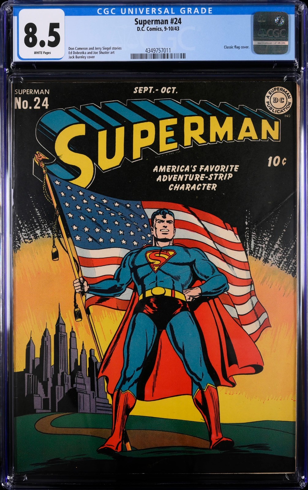 1943 SUPERMAN #24 CLASSIC AMERICAN FLAG COVER (DC) CGC 8.5 VF+ White Pages Pop 4