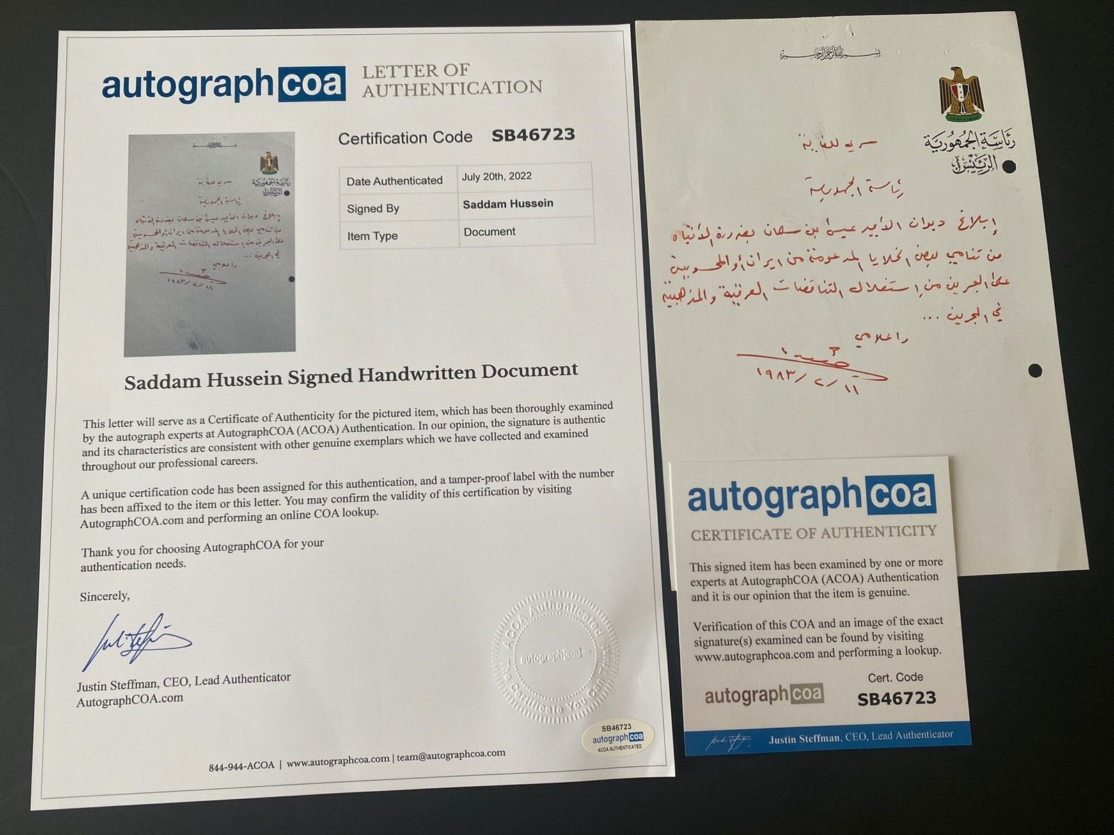 Autograph Saddam Hussein Top Secret Message to Emir Issa bin Salman Bahrain Iran