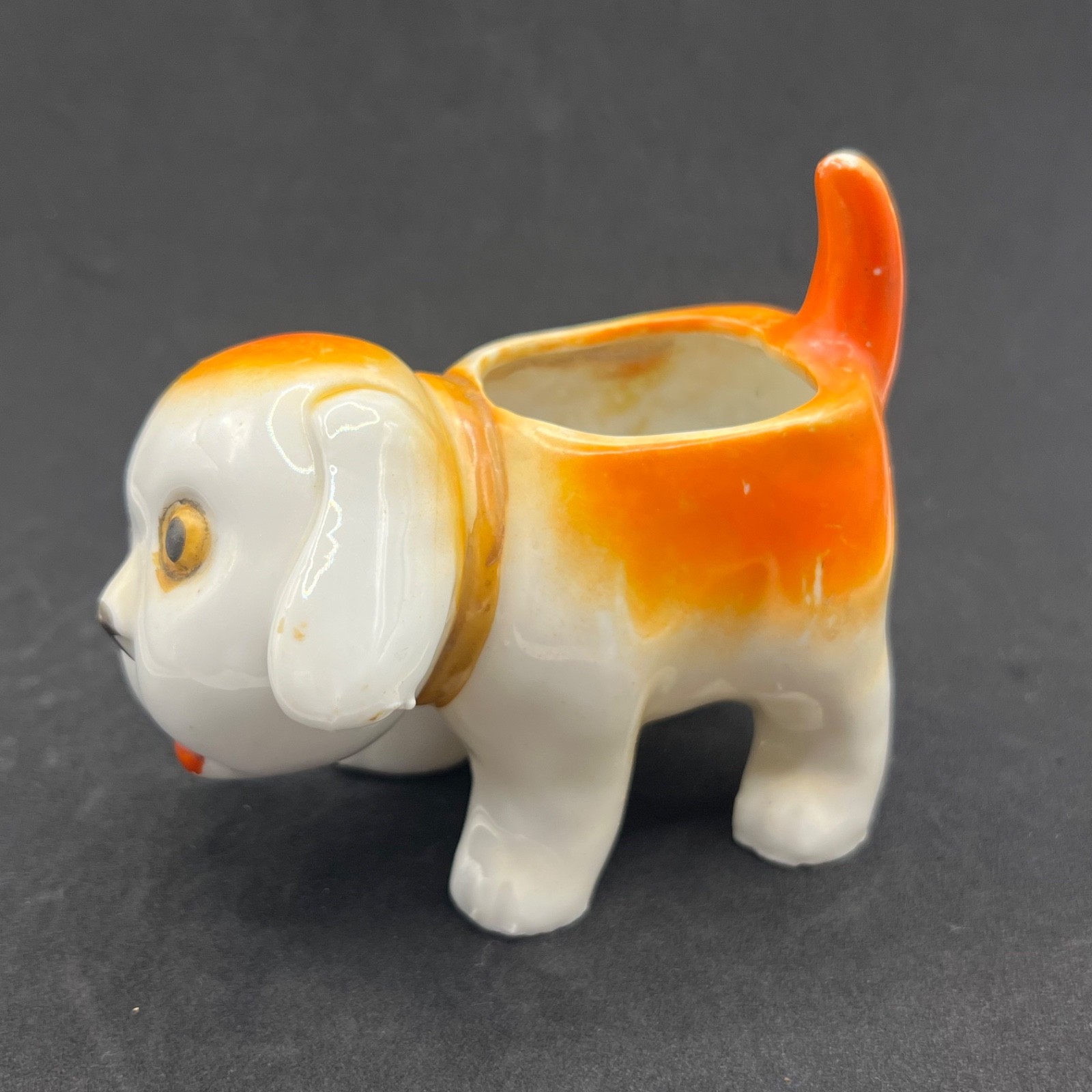 Vintage Japan Porcelain Orange White Big Eye Puppy Dog Small Planter Vase Vintage Japan Porcelain Orange White Big Eye Puppy Dog Small Planter Vase