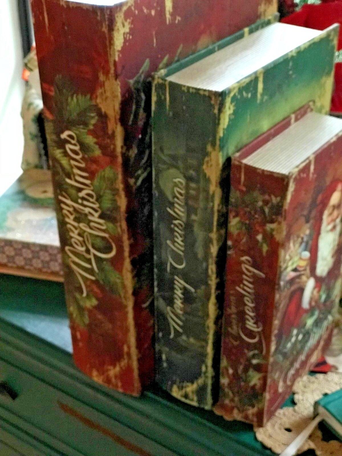 Set of 3 Faux Christmas Vintage Victorian Style Santa Post Card Book Stash Boxes