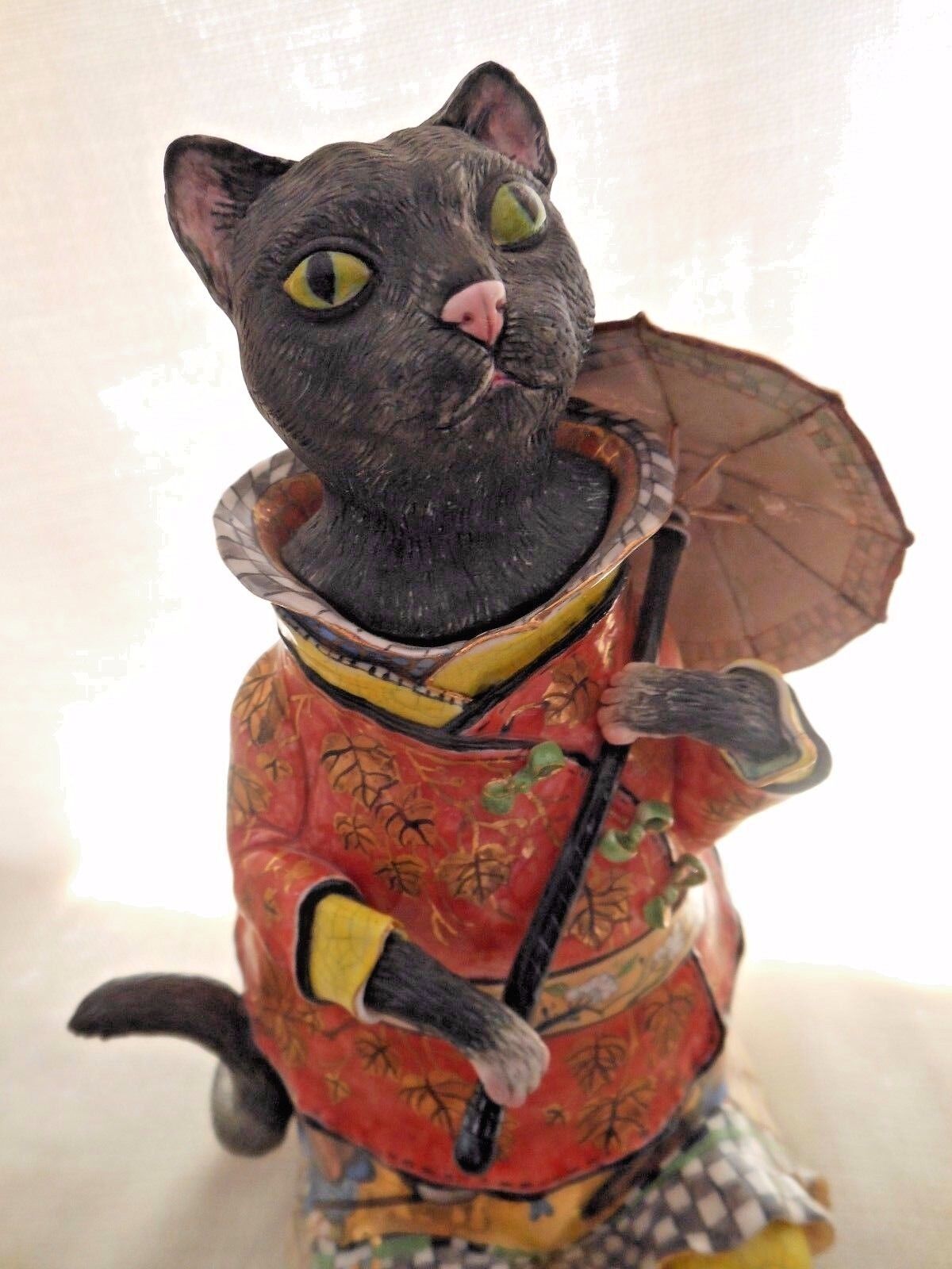 Gold Porcelain Handpainted Black Cat Monkey Teapot Russian Artist Irina Zaytceva