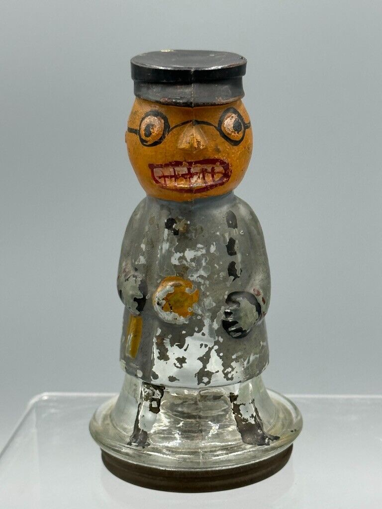 c 1920 Halloween PUMPKIN HEAD Jr POLICEMAN Glass CANDY CONTAINER Antique JOL 593