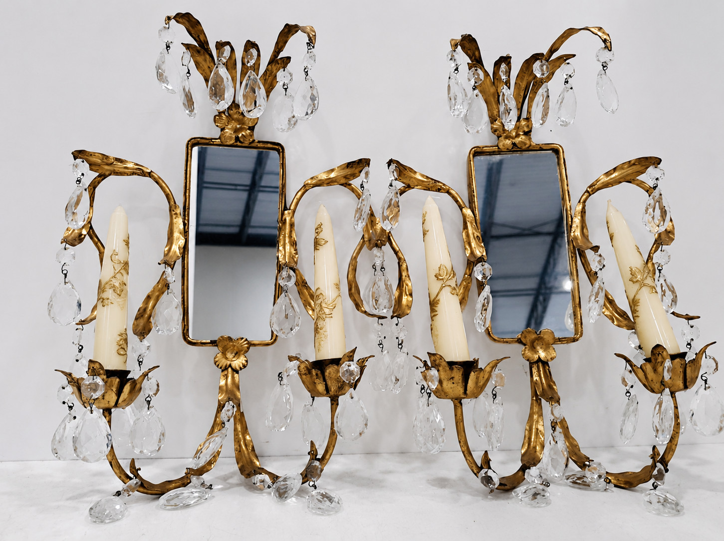 Pair Of Vintage Parcel-Gilt And Metal Two-Light Sconces (Italian/ French) Pair Of Vintage Parcel-Gilt And Metal Two-Light Sconces (Italian/ French)