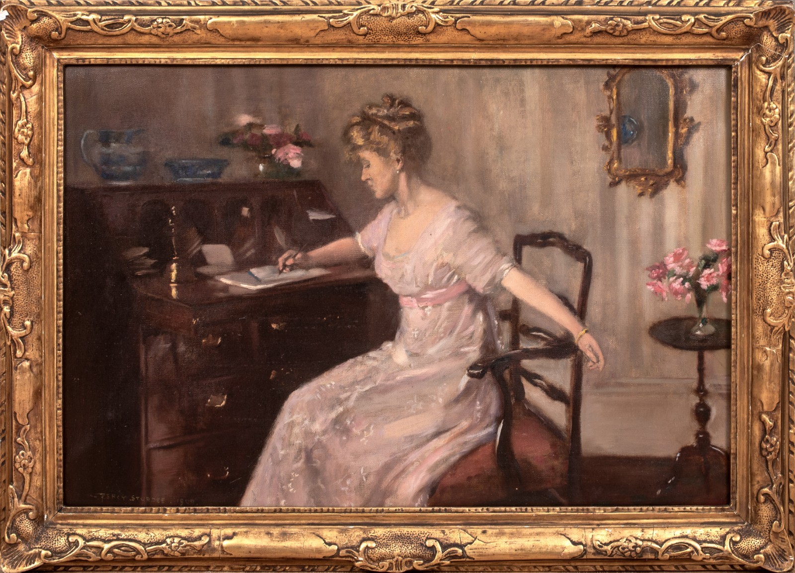Large 1909 English Portrait Of An Elegant Lady At Her Writing Desk Percy STURDEE