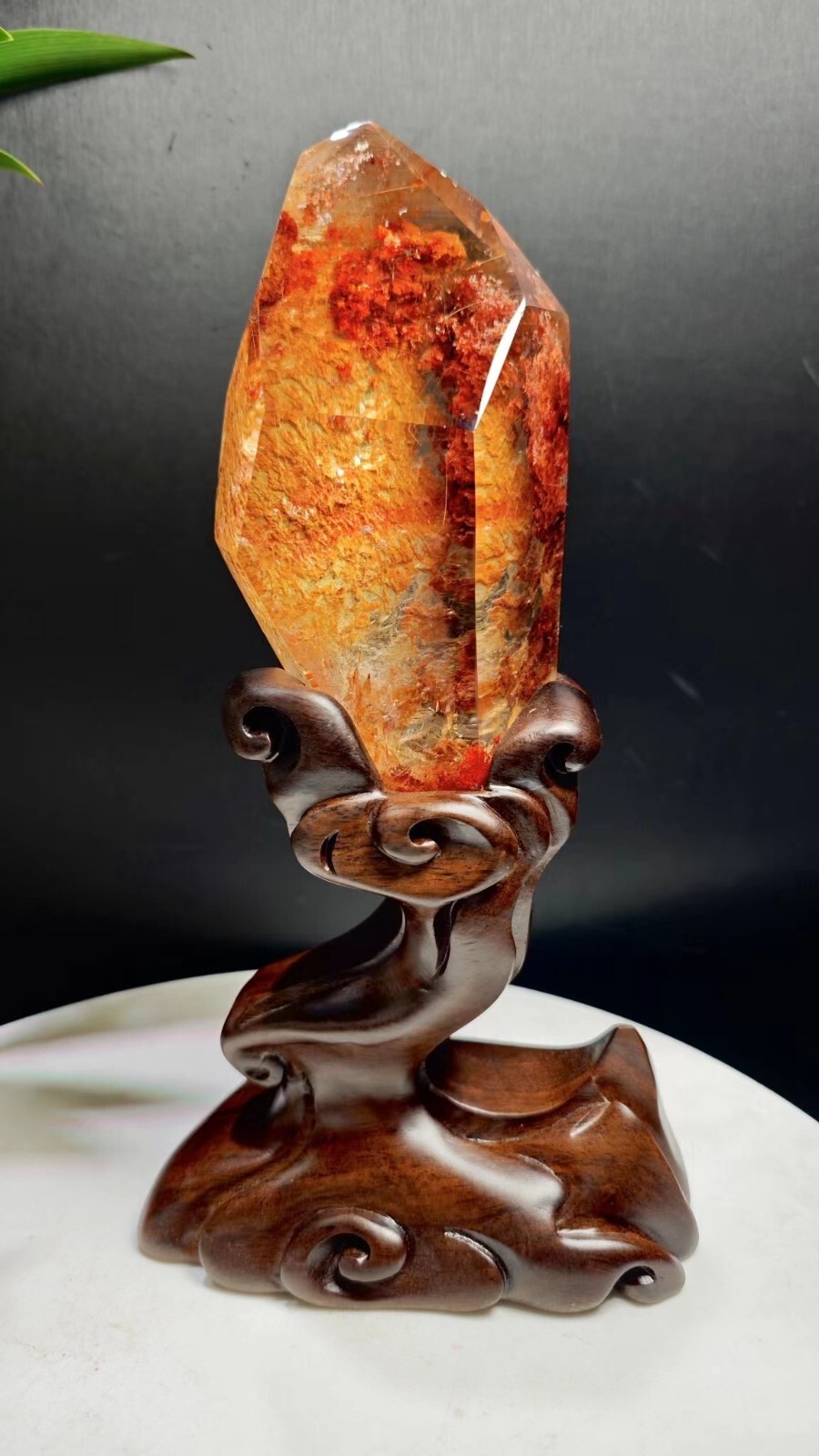 2.9LB TOP Natural red ghost hair crystal symbiosis quartz carved crystal+stand