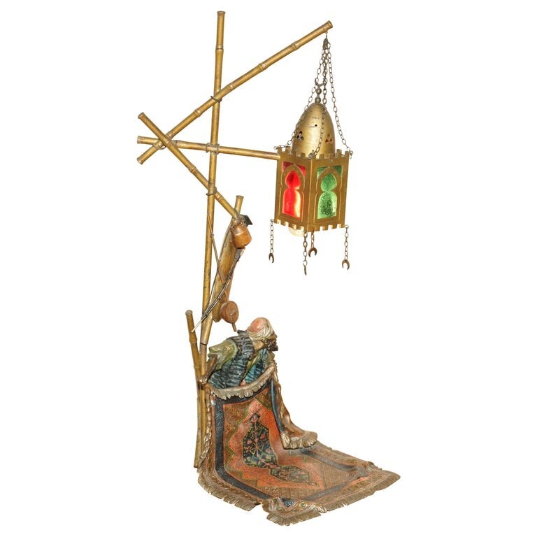 STUNNING ANTIQUE CIRCA 1910 FRANZ BERGMAN COLD PAINTED BRONZE CARPET SELLER LAMP STUNNING ANTIQUE CIRCA 1910 FRANZ BERGMAN COLD PAINTED BRONZE CARPET SELLER LAMP