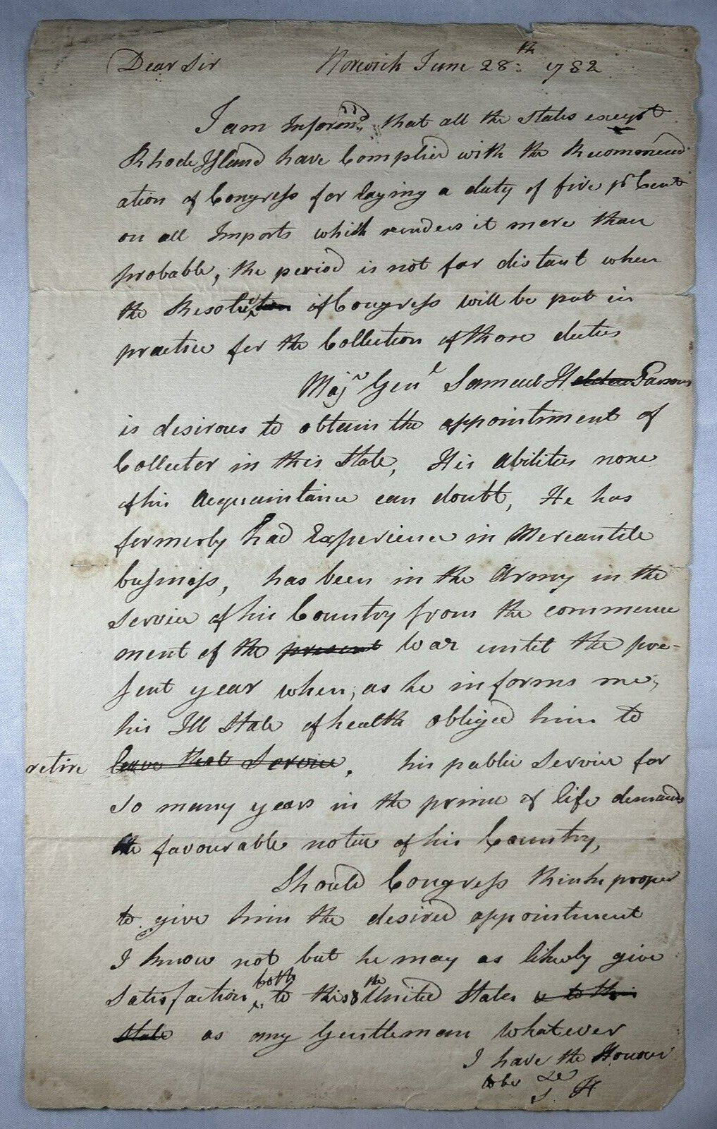 Samuel Huntington - Autograph Letter Signed - Praises General Parsons' Service