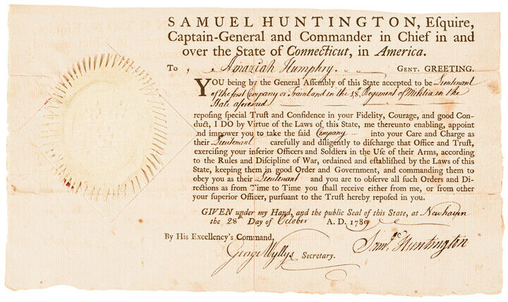 SAMUEL HUNTINGTON, Ct. Governor, Decl. Signer + Continental Congress President