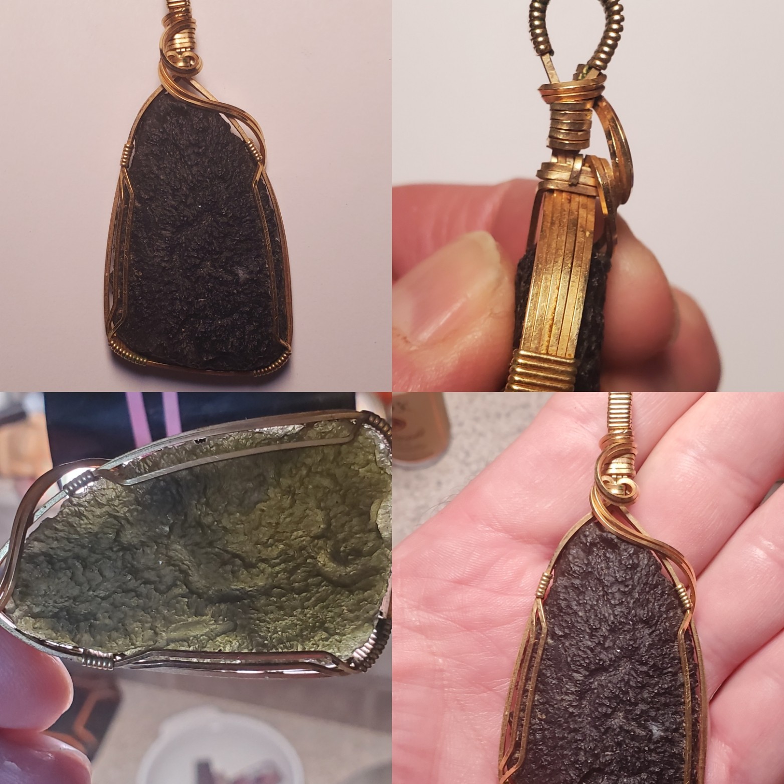 Large Moldavite Crystal Necklace Pendant Wire Wrapped 18k Gold Besednice   