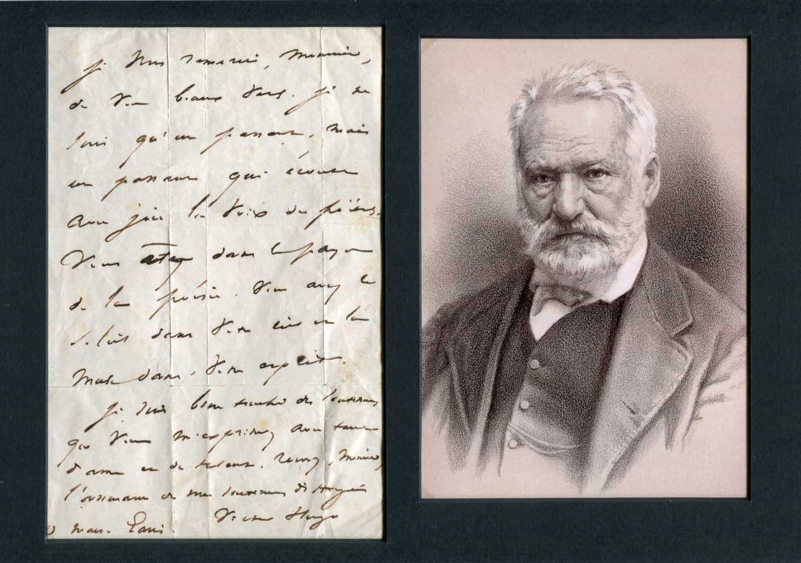 FRENCH POET & NOVELIST Victor Hugo autograph letter signed & mounted